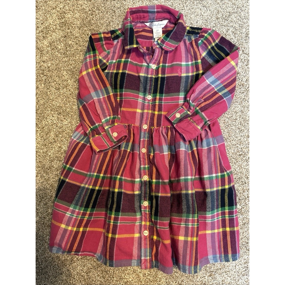 Polo Ralph Lauren Shirt Dress‎ Girls Pink Plaid 18 Month Button Up Pockets Tie - Picture 4 of 7